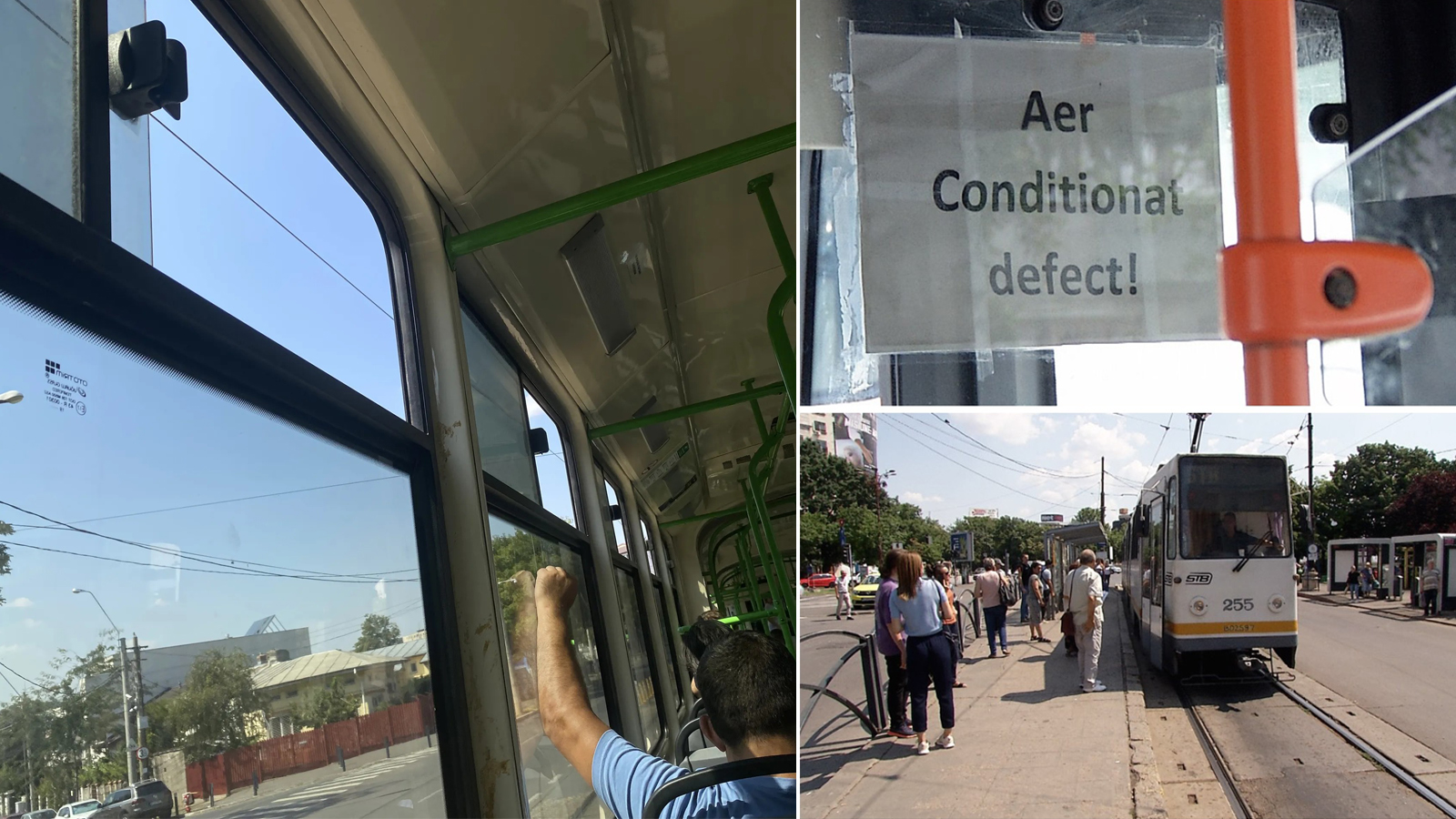 Tramvai STB fără aer condiționat în timpul caniculei, cu afiș „Aer condiționat defect” și călători afectați de temperaturile ridicate.