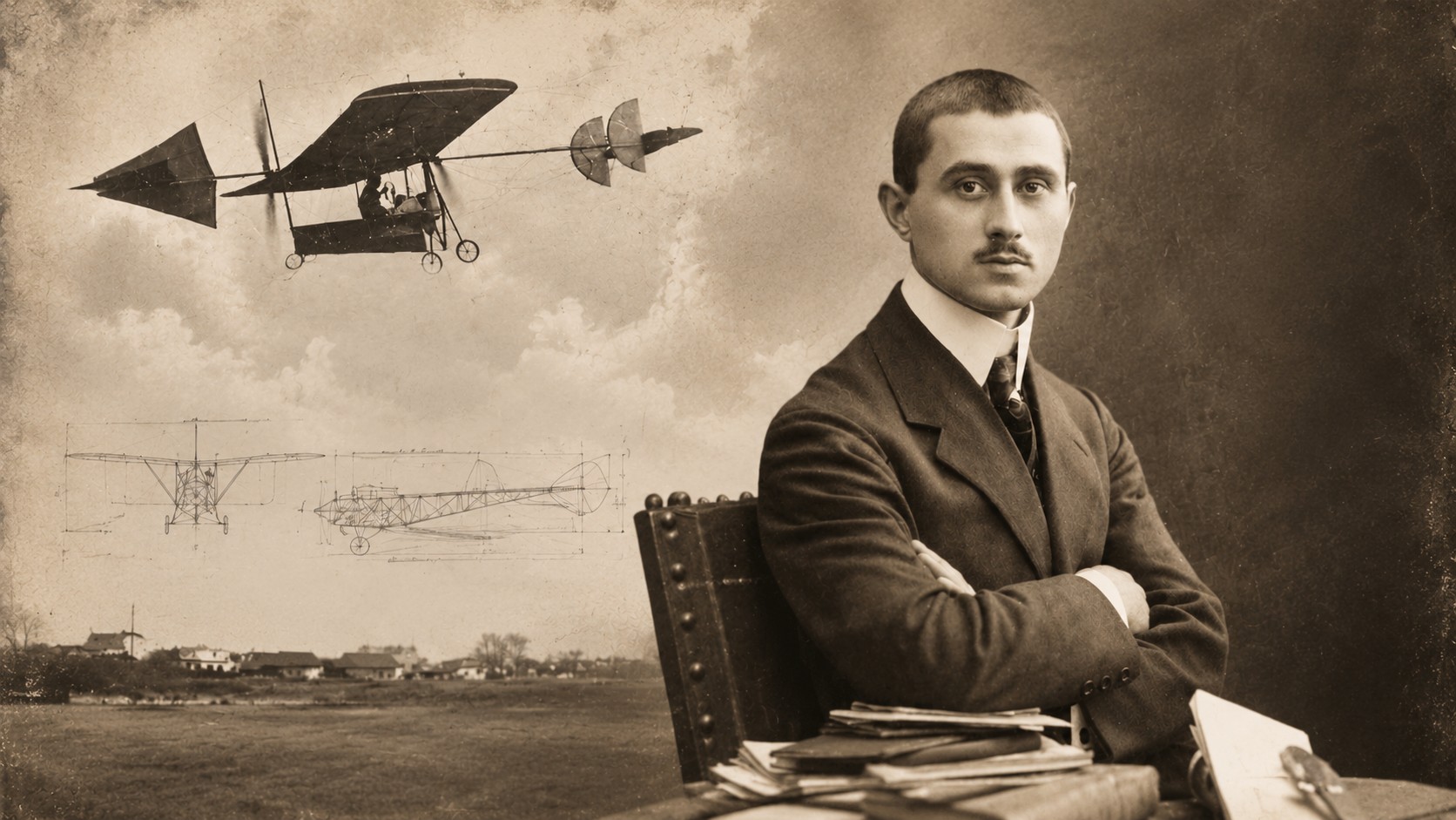 Portretul lui Aurel Vlaicu alături de avionul proiectat de el și schițe tehnice ale aparatului de zbor, simbol al pionieratului aviației românești și mondiale.