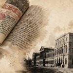 Manuscris vechi deschis din biblioteca Liceului Sfântul Sava, cu pagini istorice scrise de mână și imagine de arhivă a clădirii instituției, simbol al patrimoniului educațional românesc.