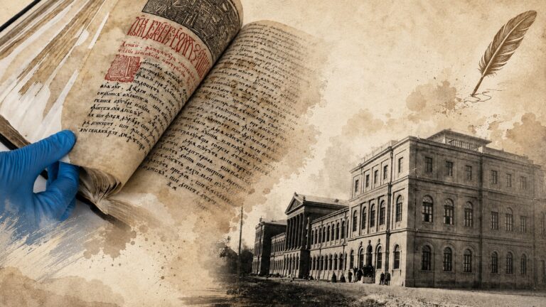 Manuscris vechi deschis din biblioteca Liceului Sfântul Sava, cu pagini istorice scrise de mână și imagine de arhivă a clădirii instituției, simbol al patrimoniului educațional românesc.