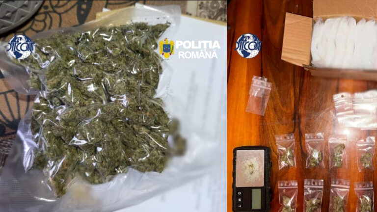 Captură de droguri realizată de DIICOT și Poliția Română, constând în cannabis ambalat în pungi vidate, plicuri pentru distribuție și un cântar electronic utilizat pentru porționare.