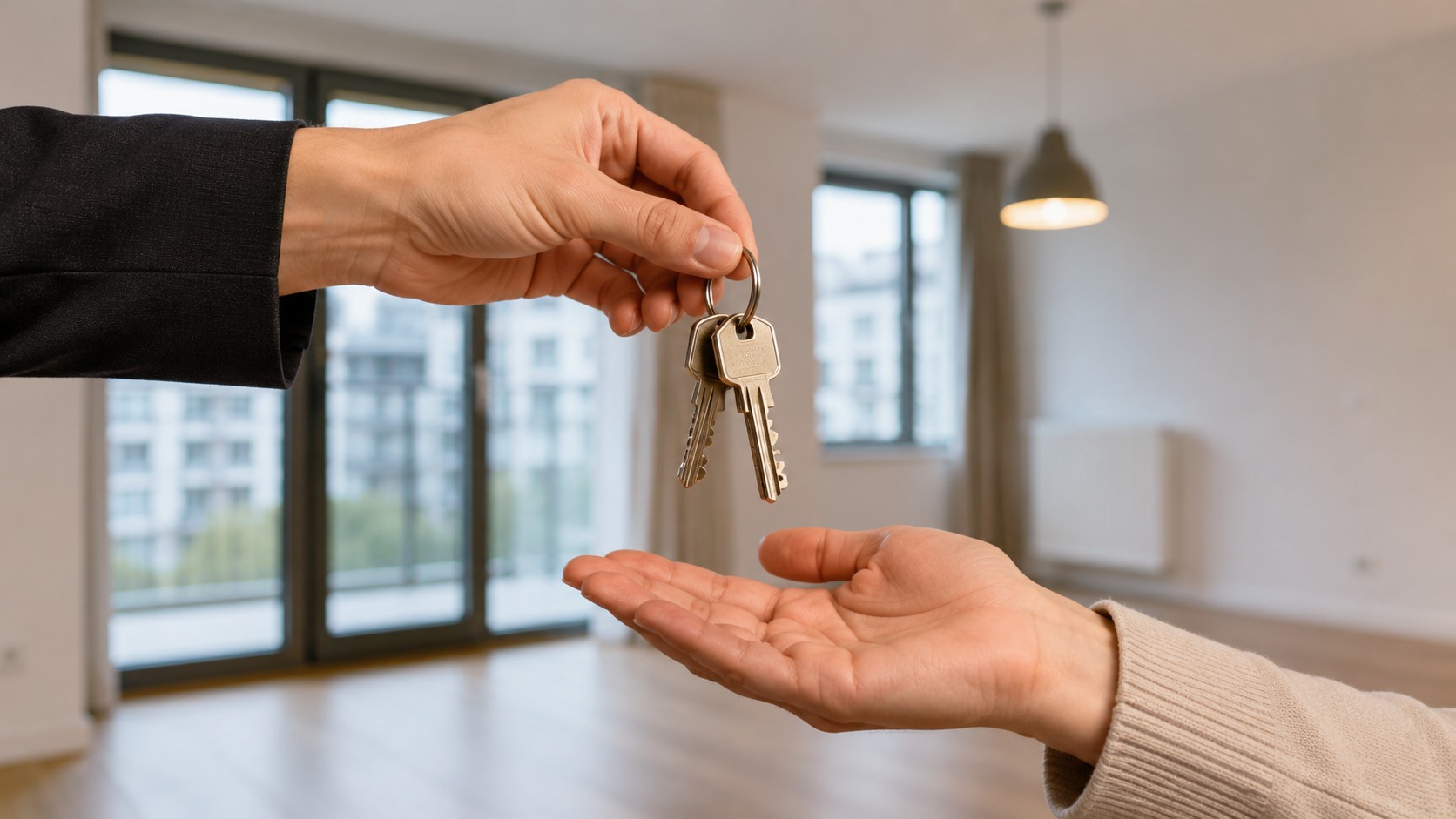 Predare chei apartament de închiriat într-o locuință modernă, simbolizând închirierea, mutarea și tranzacțiile imobiliare rezidențiale.