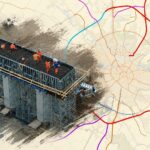 Stadiu lucrări Autostrada A0 București – colaj cu un pasaj rutier în construcție, muncitori pe șantier și hartă a traseului centurii moderne a Capitalei.