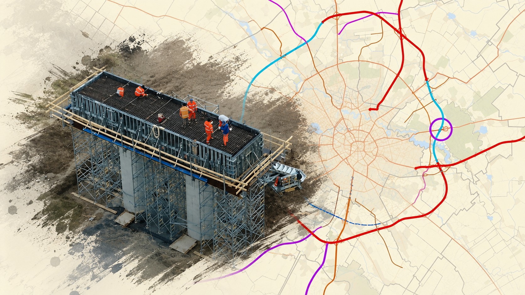 Stadiu lucrări Autostrada A0 București – colaj cu un pasaj rutier în construcție, muncitori pe șantier și hartă a traseului centurii moderne a Capitalei.