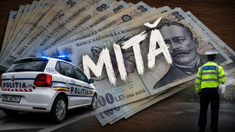 Imagine reprezentativă pentru fenomenul mitei și al corupției în România, evidențiind relația dintre bani, poliție și infracțiunile de dare și luare de mită.