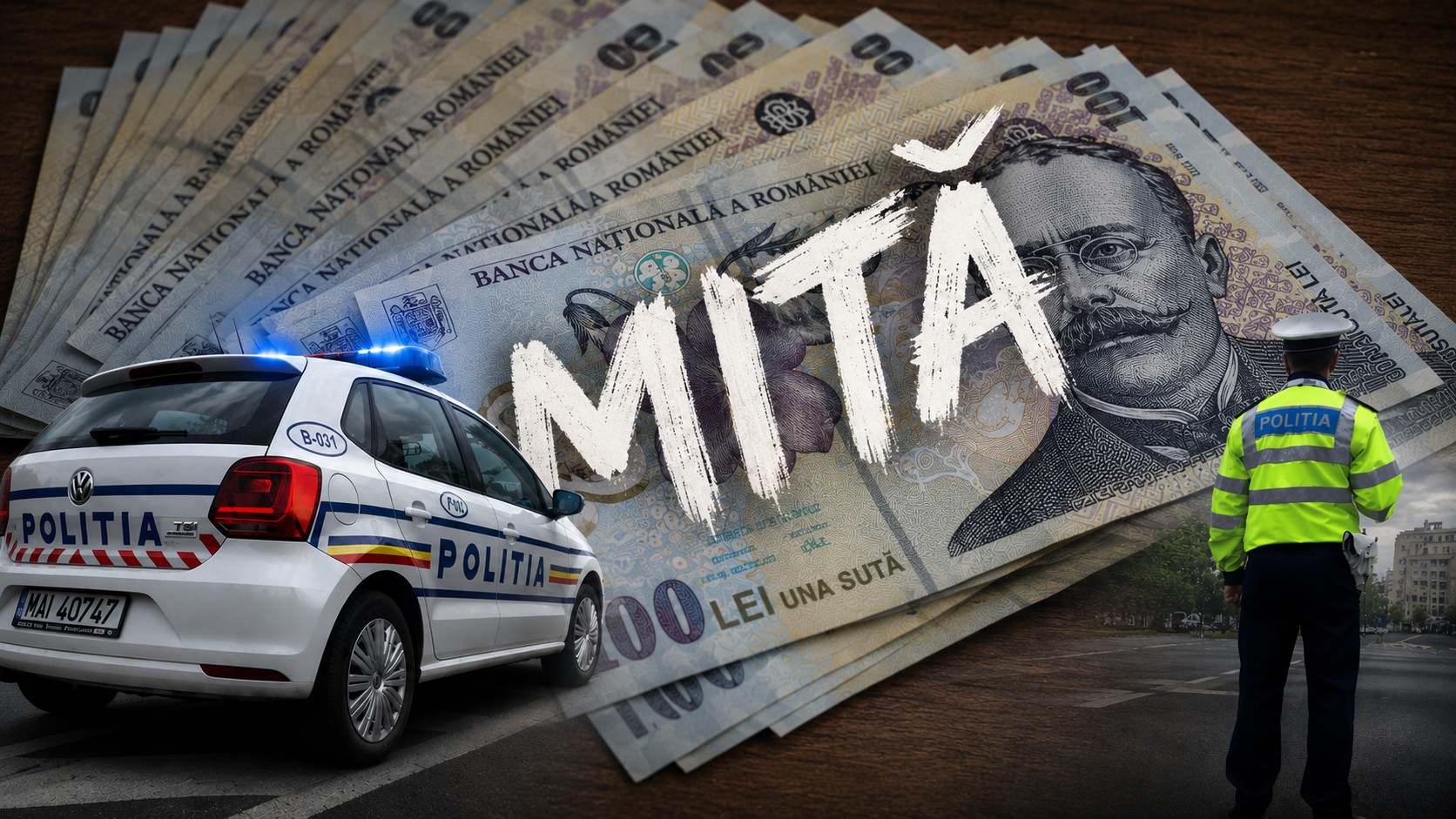 Imagine reprezentativă pentru fenomenul mitei și al corupției în România, evidențiind relația dintre bani, poliție și infracțiunile de dare și luare de mită.