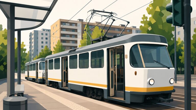Tramvai electric modern alb cu bandă galbenă staționat într-o stație urbană, pe fundal cu blocuri rezidențiale și arbori verzi, într-un oraș modern.