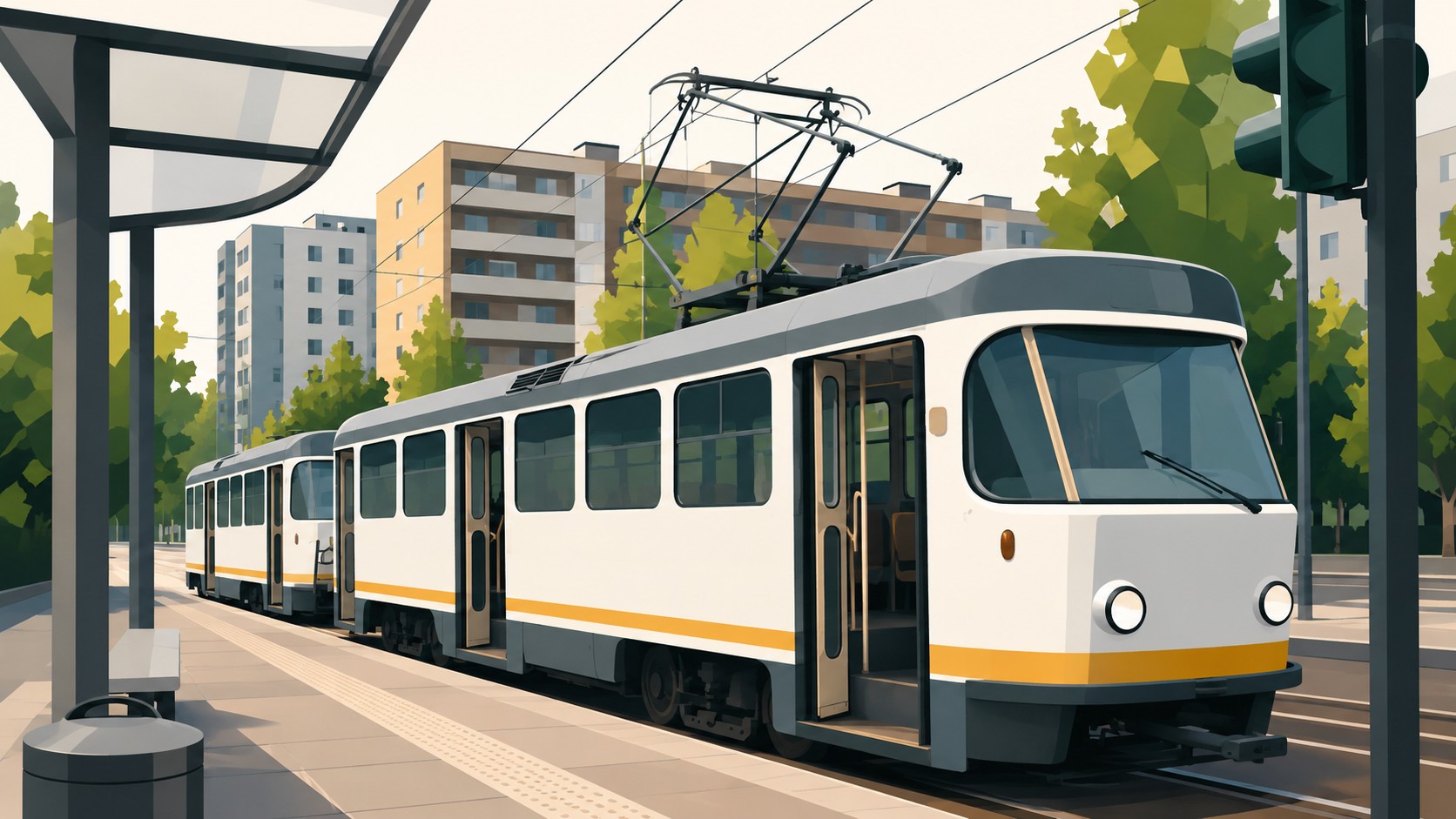 Tramvai electric modern alb cu bandă galbenă staționat într-o stație urbană, pe fundal cu blocuri rezidențiale și arbori verzi, într-un oraș modern.