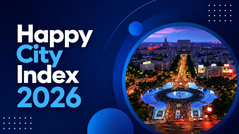Happy City Index 2026 – imagine reprezentativă cu peisaj urban modern iluminat noaptea, prezentând un oraș vibrant și sustenabil, evidențiat într-un design grafic profesional pe fundal albastru.