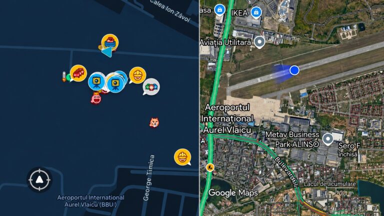 Comparație între aplicația Waze și Google Maps care evidențiază o posibilă zonă de bruiaj GPS în apropierea Aeroportului Internațional Aurel Vlaicu (Băneasa) din București, România.