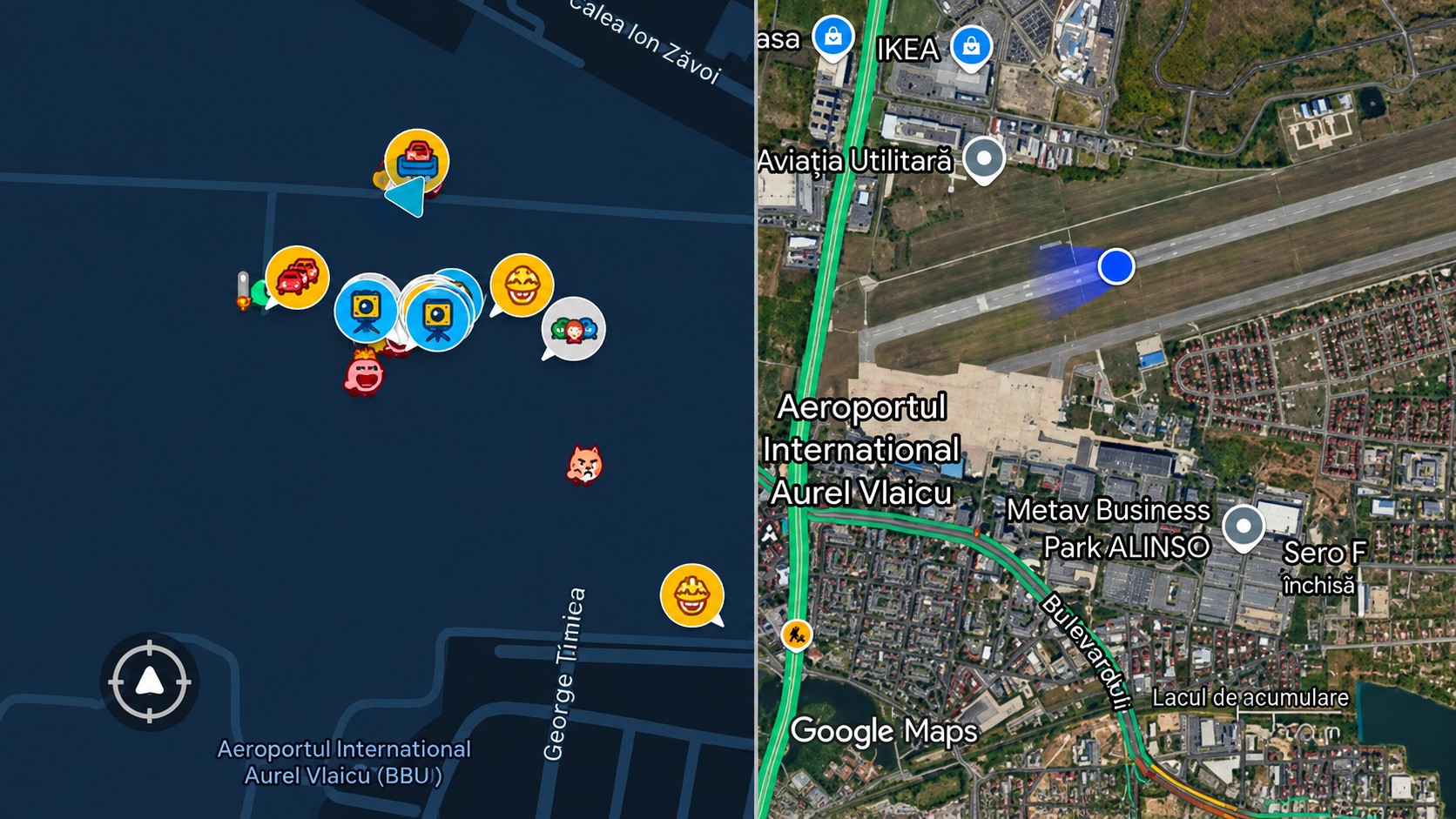 Comparație între aplicația Waze și Google Maps care evidențiază o posibilă zonă de bruiaj GPS în apropierea Aeroportului Internațional Aurel Vlaicu (Băneasa) din București, România.