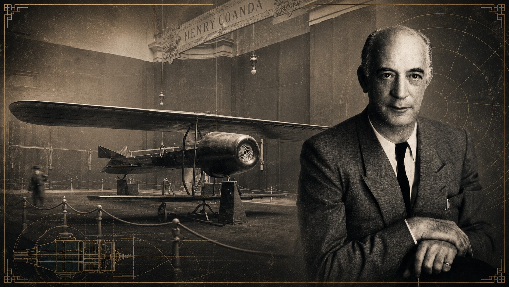 Portret istoric al lui Henri Coandă alături de prototipul avionului Coandă-1910, considerat un precursor al aviației cu reacție, într-o compoziție artistică cu tematică inginerească și aeronautică.