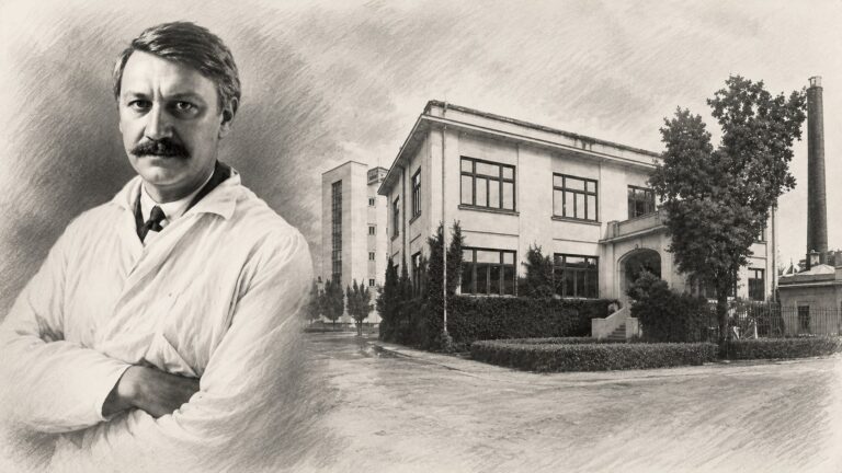 Portret istoric al unui antropolog în halat alb alături de clădirea Institutului de Antropologie, într-o compoziție artistică alb-negru ce evidențiază cercetarea antropologică și patrimoniul științific.