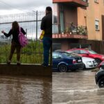 Inundație în Militari Residence după o ploaie puternică, cu străzi acoperite de apă, mașini circulând prin zone inundate și locuitori observând situația din apropierea unui gard.