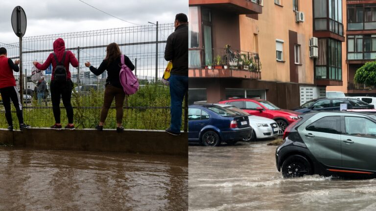 Inundație în Militari Residence după o ploaie puternică, cu străzi acoperite de apă, mașini circulând prin zone inundate și locuitori observând situația din apropierea unui gard.