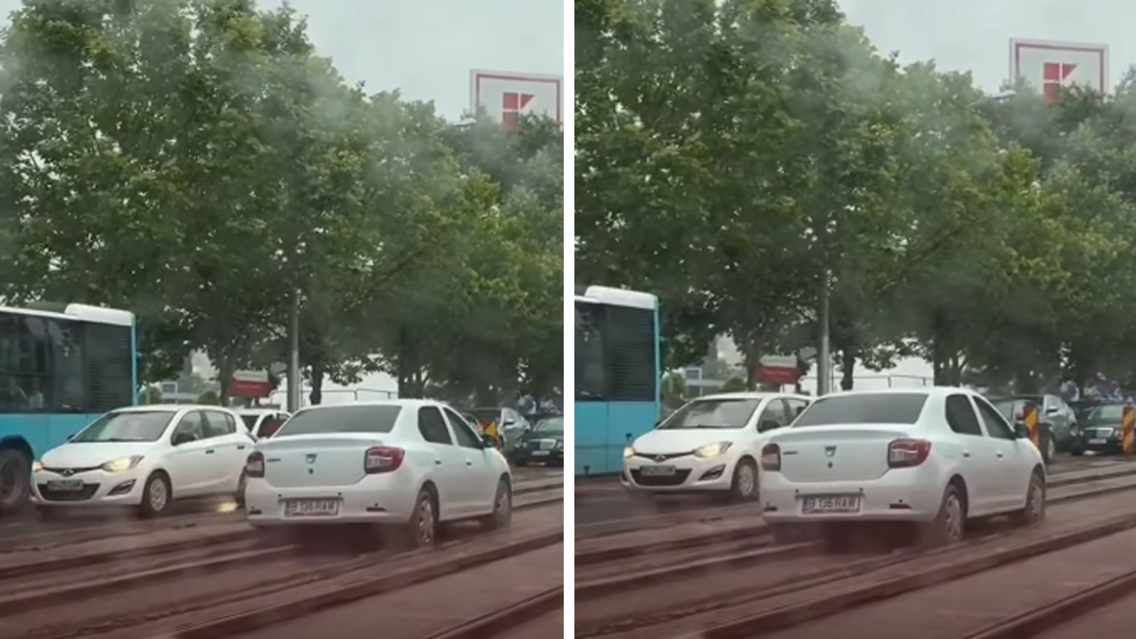 Dacia Logan albă blocată între liniile de tramvai pe carosabil umed, într-o intersecție urbană aglomerată, surprinsă în două cadre comparative.