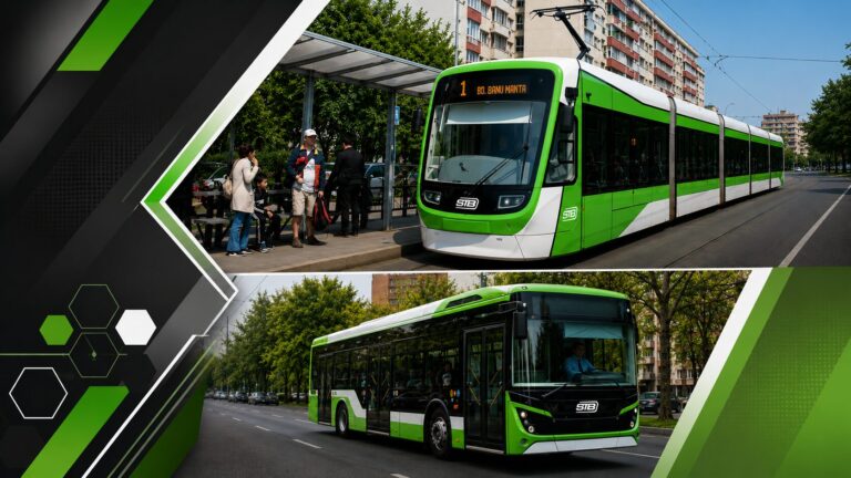 Tramvai modern și autobuz electric STB în culorile verde și alb, surprinse în trafic urban din București, într-un colaj promoțional pentru transportul public sustenabil.