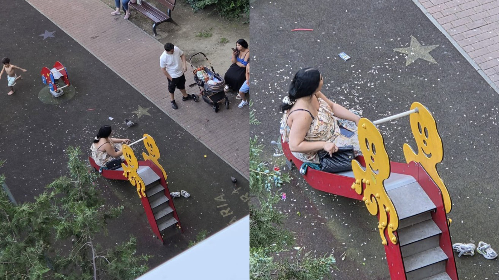 Mizerie într-un loc de joacă pentru copii, cu deșeuri și încălțăminte abandonată pe sol, în timp ce mai multe persoane se află în parc.