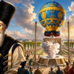 Portret al unui boier român din secolul al XVIII-lea privind lansarea unui balon cu aer cald decorat regal, într-o piață grandioasă din București, înconjurată de mulțime și arhitectură istorică.