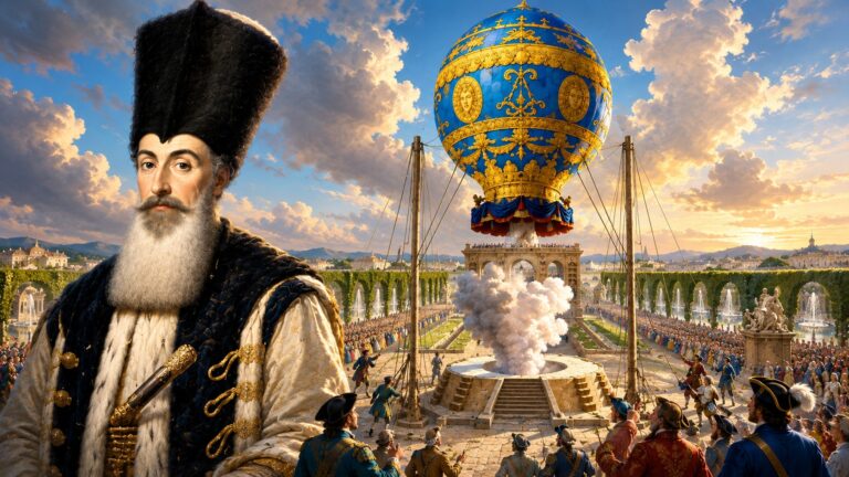 Portret al unui boier român din secolul al XVIII-lea privind lansarea unui balon cu aer cald decorat regal, într-o piață grandioasă din București, înconjurată de mulțime și arhitectură istorică.