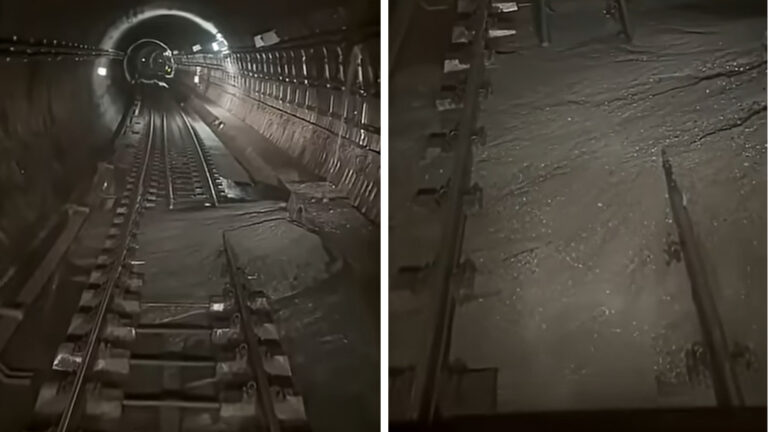 Tunel de metrou de pe Magistrala 4 cu șine afectate și surpare vizibilă a infrastructurii, surprinsă de sistemul de monitorizare din subteran.