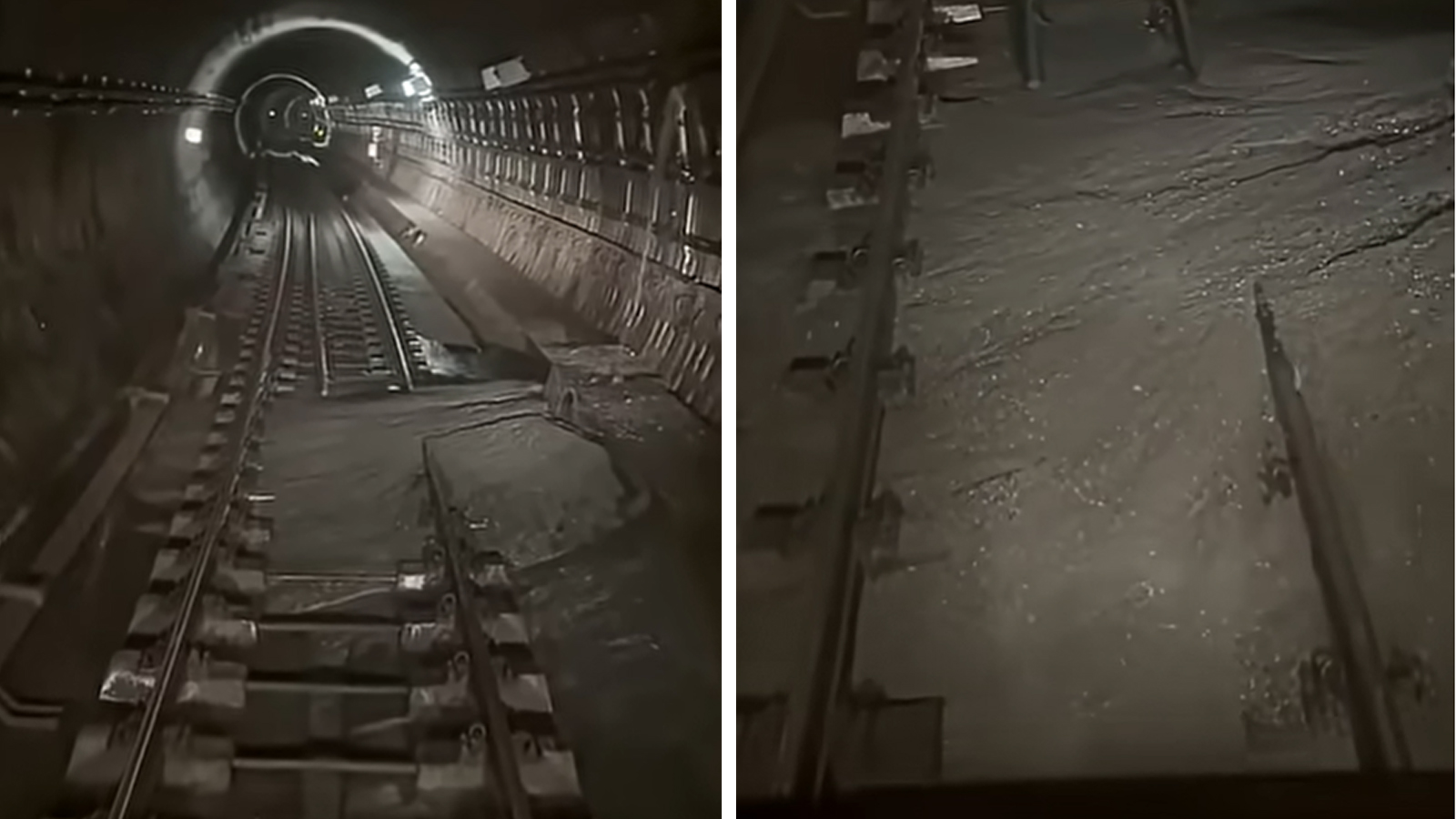 Tunel de metrou de pe Magistrala 4 cu șine afectate și surpare vizibilă a infrastructurii, surprinsă de sistemul de monitorizare din subteran.