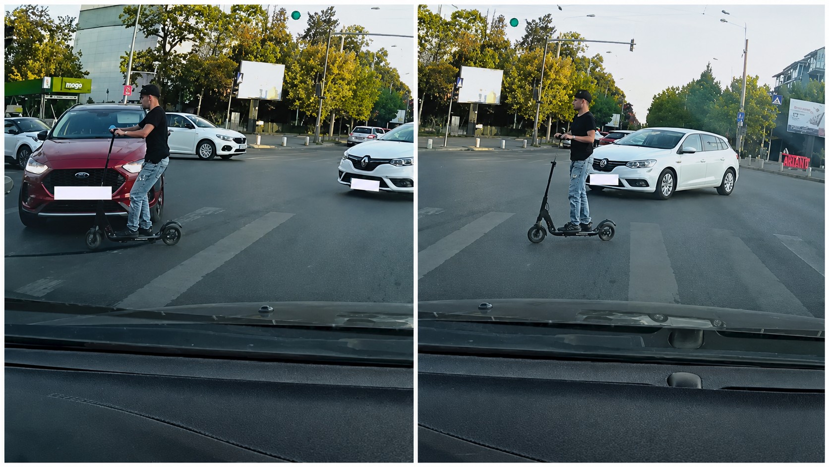 Bărbat pe trotinetă electrică traversând o intersecție aglomerată, în apropierea unor autoturisme.