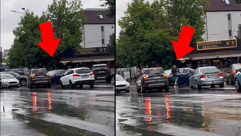 Șofer agresiv blochează traficul într-o intersecție din Sectorul 4 al Capitalei, pe carosabil umed