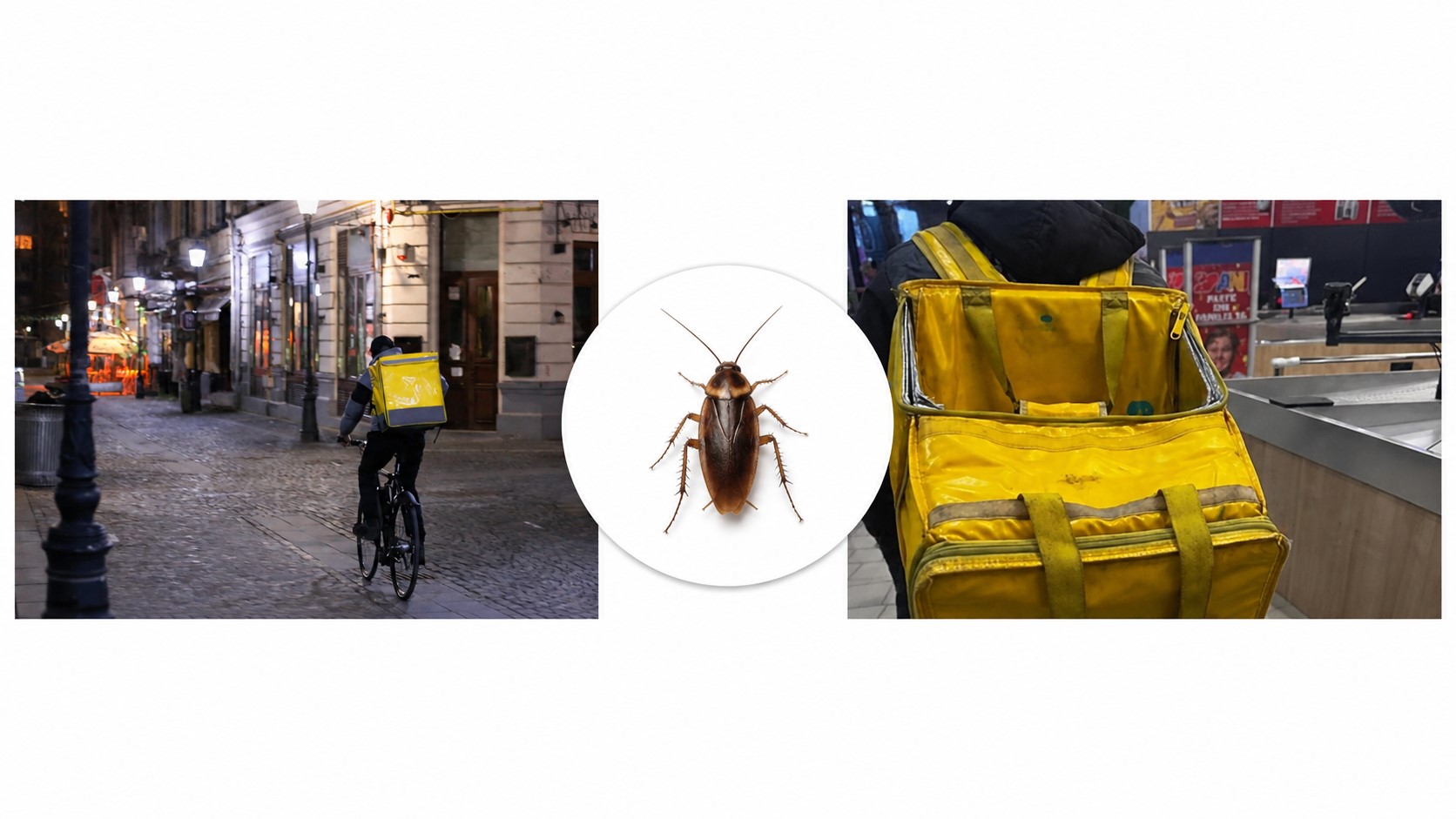 Curier pe bicicletă și geantă termoizolantă galbenă de livrare, ilustrând riscul prezenței gândacilor în transportul alimentelor.