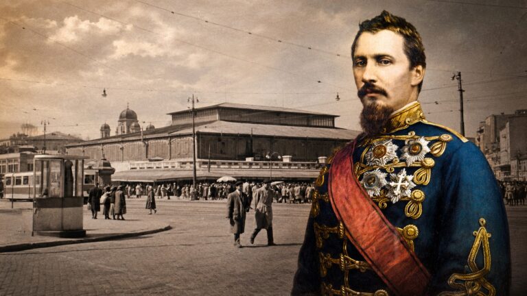 Hala Unirii din București, într-o reconstituire istorică, alături de un domnitor român în uniformă de ceremonie.