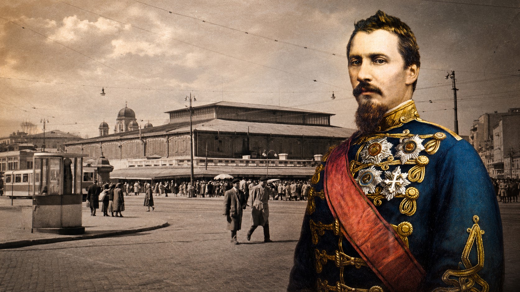 Hala Unirii din București, într-o reconstituire istorică, alături de un domnitor român în uniformă de ceremonie.