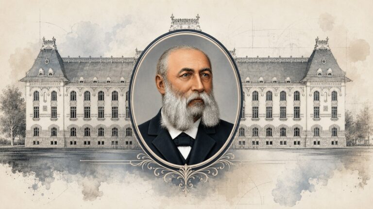 Portretul lui Ioan Procopie Dumitrescu, primar al Bucureștiului, încadrat de o clădire administrativă istorică