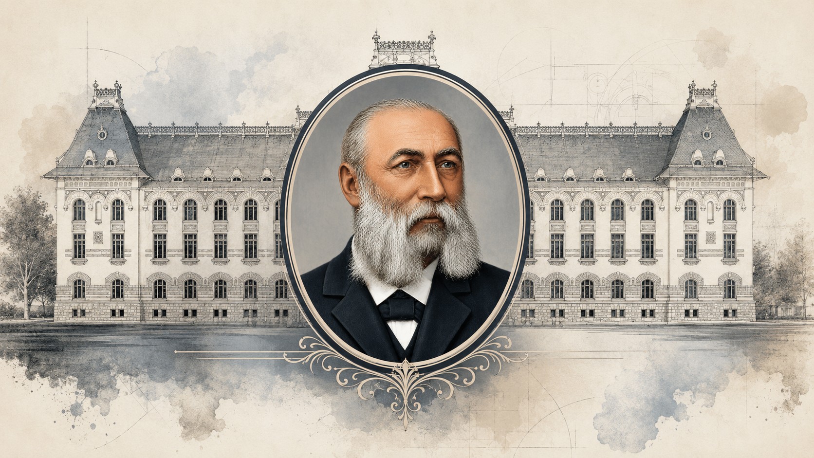 Portretul lui Ioan Procopie Dumitrescu, primar al Bucureștiului, încadrat de o clădire administrativă istorică