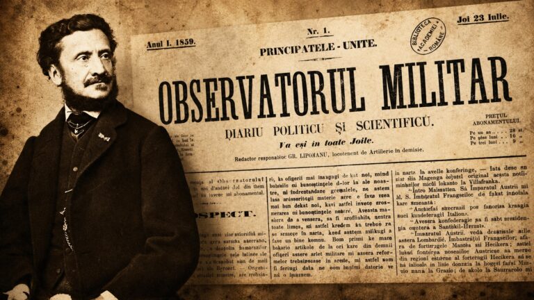 Prima ediție a ziarului „Observatorul Militar”, apărută la București la 23 iulie 1859, alături de un portret de epocă