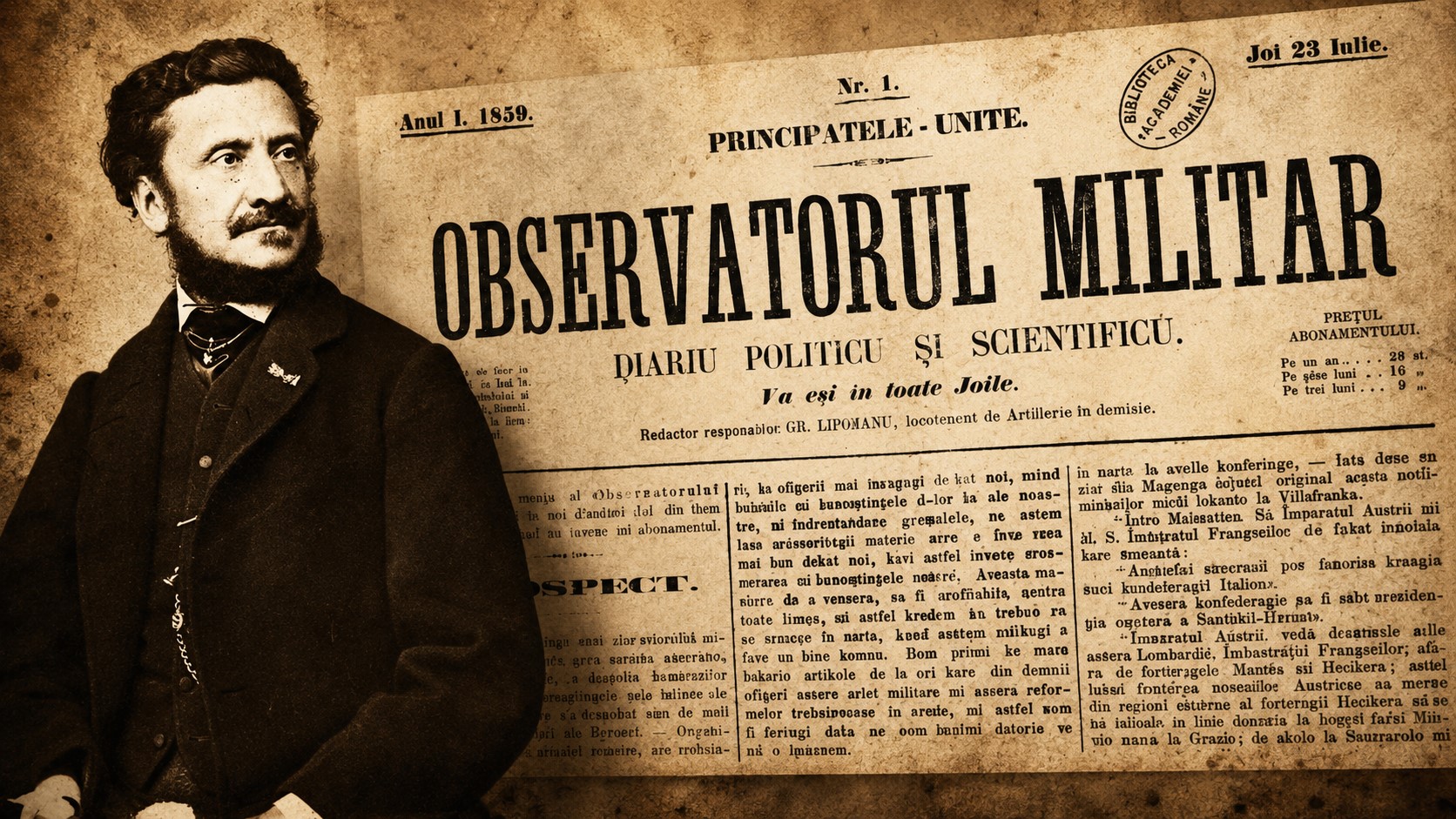 Prima ediție a ziarului „Observatorul Militar”, apărută la București la 23 iulie 1859, alături de un portret de epocă