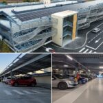 Parcare supraetajată modernă cu panouri fotovoltaice, fațadă metalică și locuri de parcare interioare și exterioare.