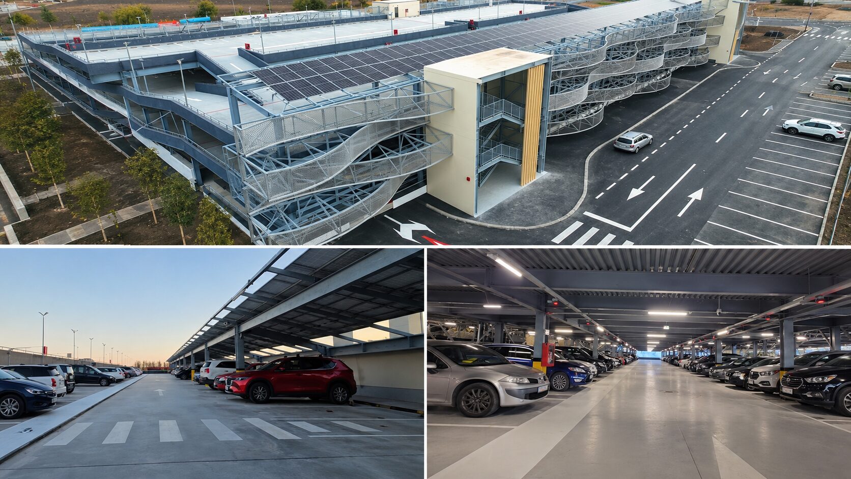Parcare supraetajată modernă cu panouri fotovoltaice, fațadă metalică și locuri de parcare interioare și exterioare.