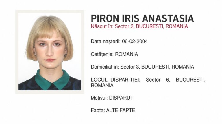 Alertă de dispariție pentru Piron Iris Anastasia, tânără dispărută din Sectorul 6, București