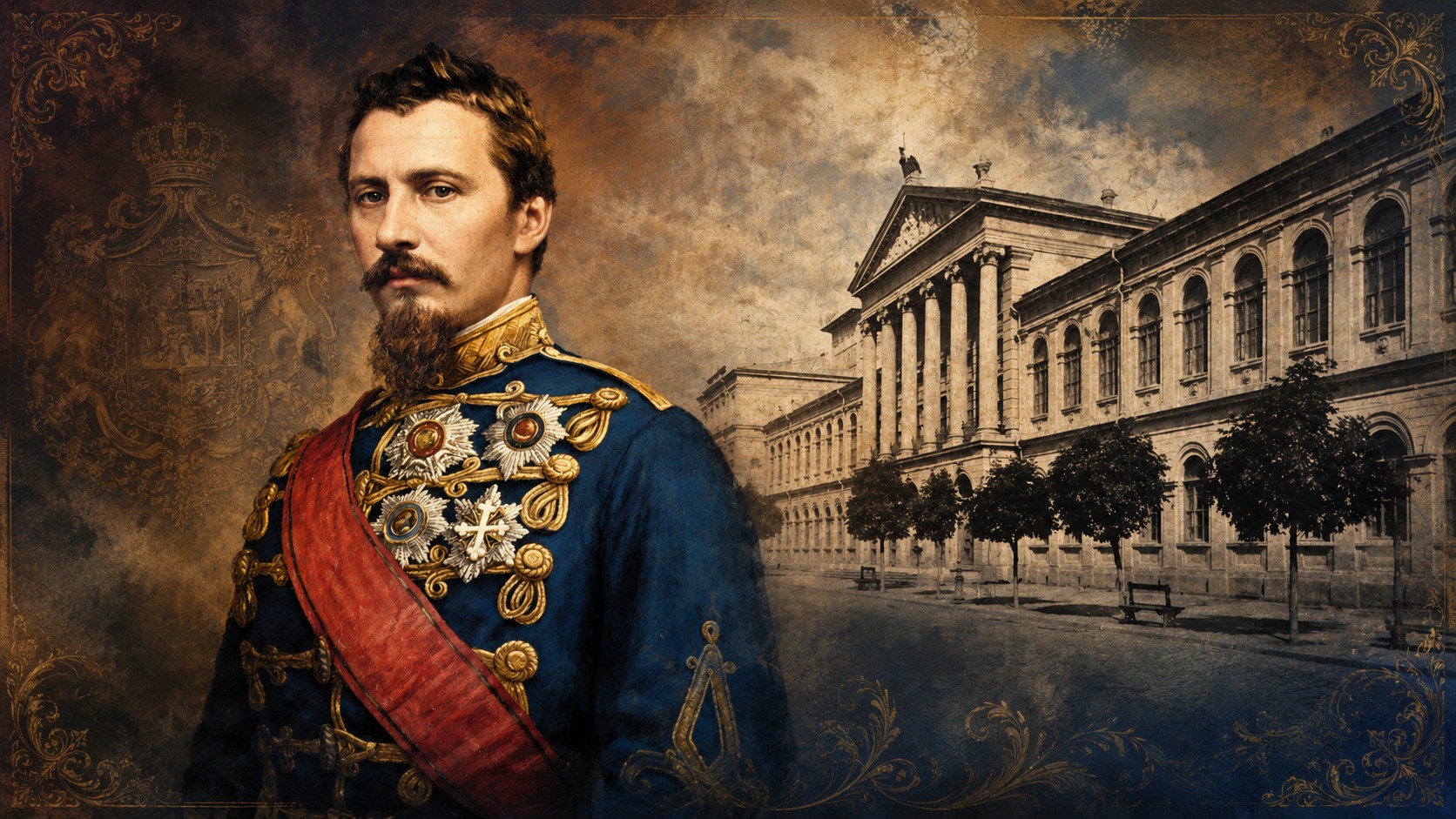 Portret istoric al lui Alexandru Ioan Cuza lângă clădirea Universității din București