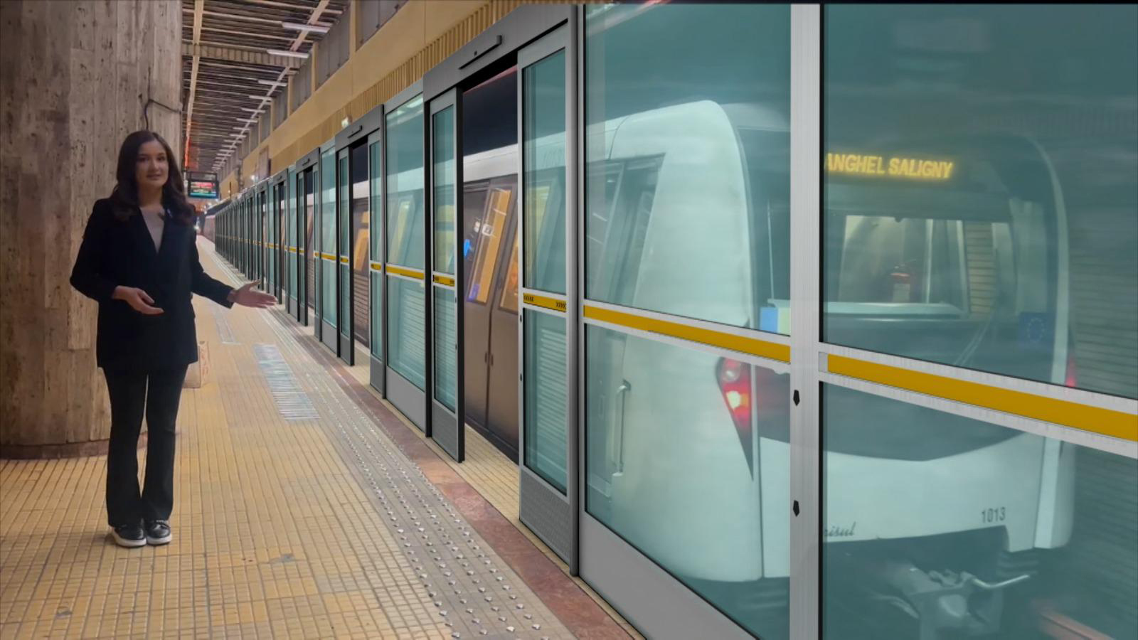 Simulare cu porți antisuicid și uși de protecție montate pe peronul stației de metrou Anghel Saligny din București.
