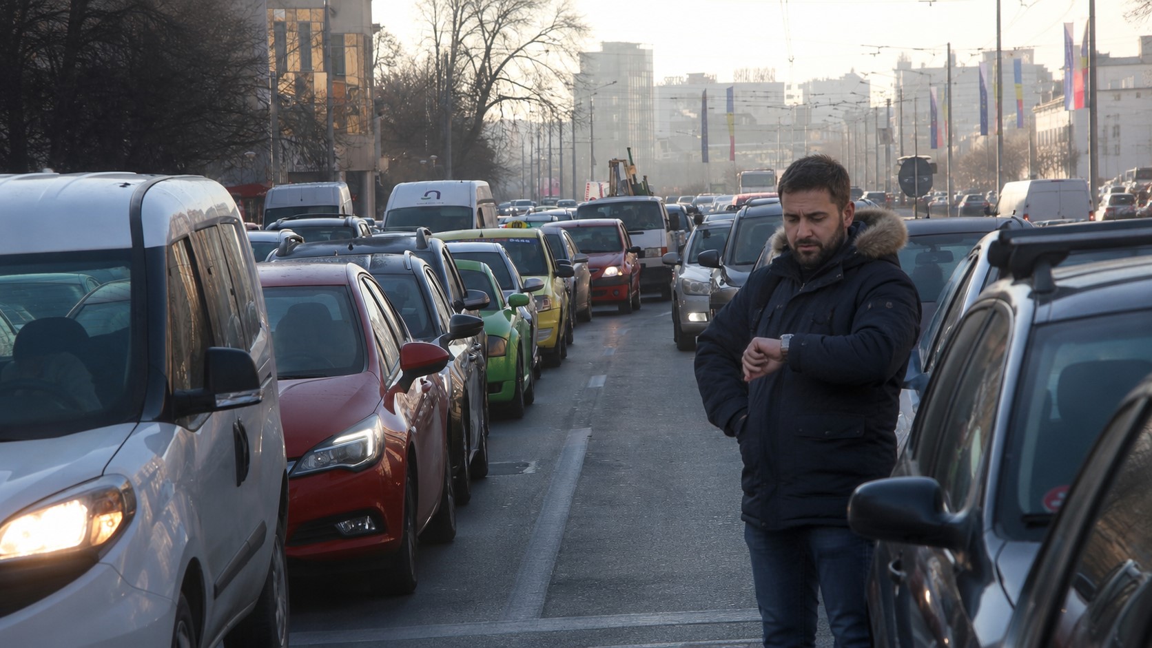 Cetățean îngrijorat uitându-se la ceas în mijlocul unui ambuteiaj urban, sugerând timpul pierdut în trafic.