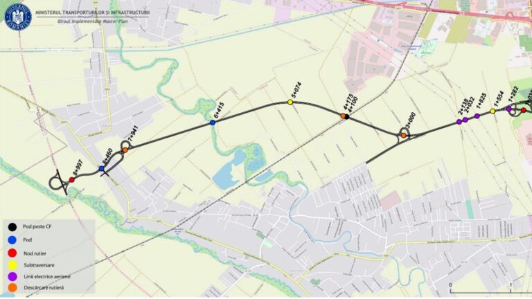 Hartă tehnică realizată în cadrul Master Planului Ministerului Transporturilor și Infrastructurii, care prezintă traseul Drumului Radial 1, pozițiile kilometrice și principalele elemente de infrastructură: noduri rutiere, poduri, pasaje peste calea ferată, subtraversări, linii electrice aeriene și descărcări rutiere.