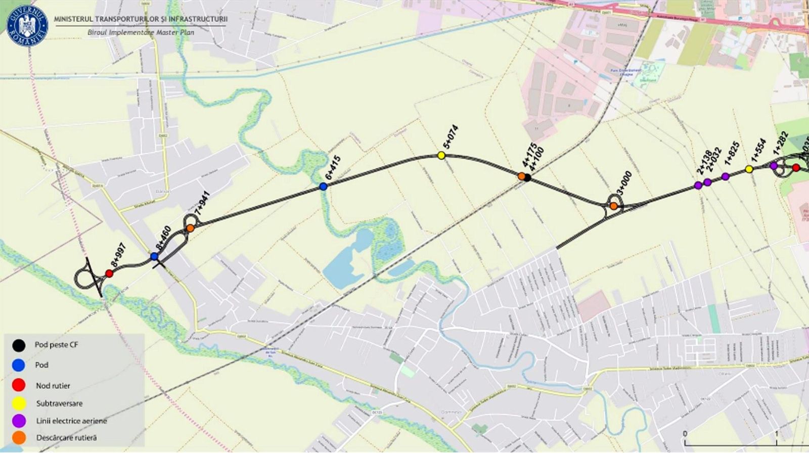 Hartă tehnică realizată în cadrul Master Planului Ministerului Transporturilor și Infrastructurii, care prezintă traseul Drumului Radial 1, pozițiile kilometrice și principalele elemente de infrastructură: noduri rutiere, poduri, pasaje peste calea ferată, subtraversări, linii electrice aeriene și descărcări rutiere.
