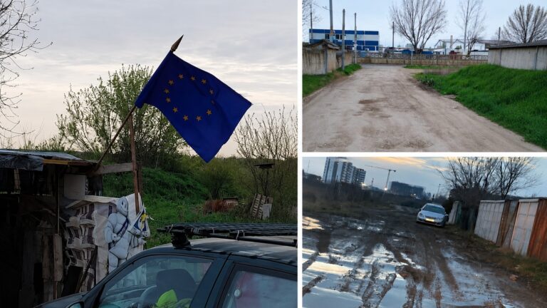 Colaj cu steagul Uniunii Europene și drumuri neasfaltate, pline de noroi, într-o zonă periferică urbană.