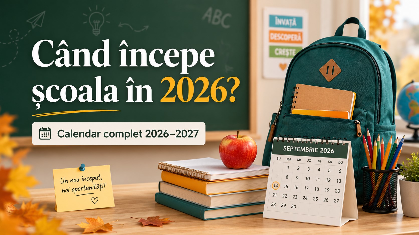 Când începe școala în 2026 – calendarul anului școlar 2026–2027, cu ghiozdan, cărți și calendar pentru septembrie