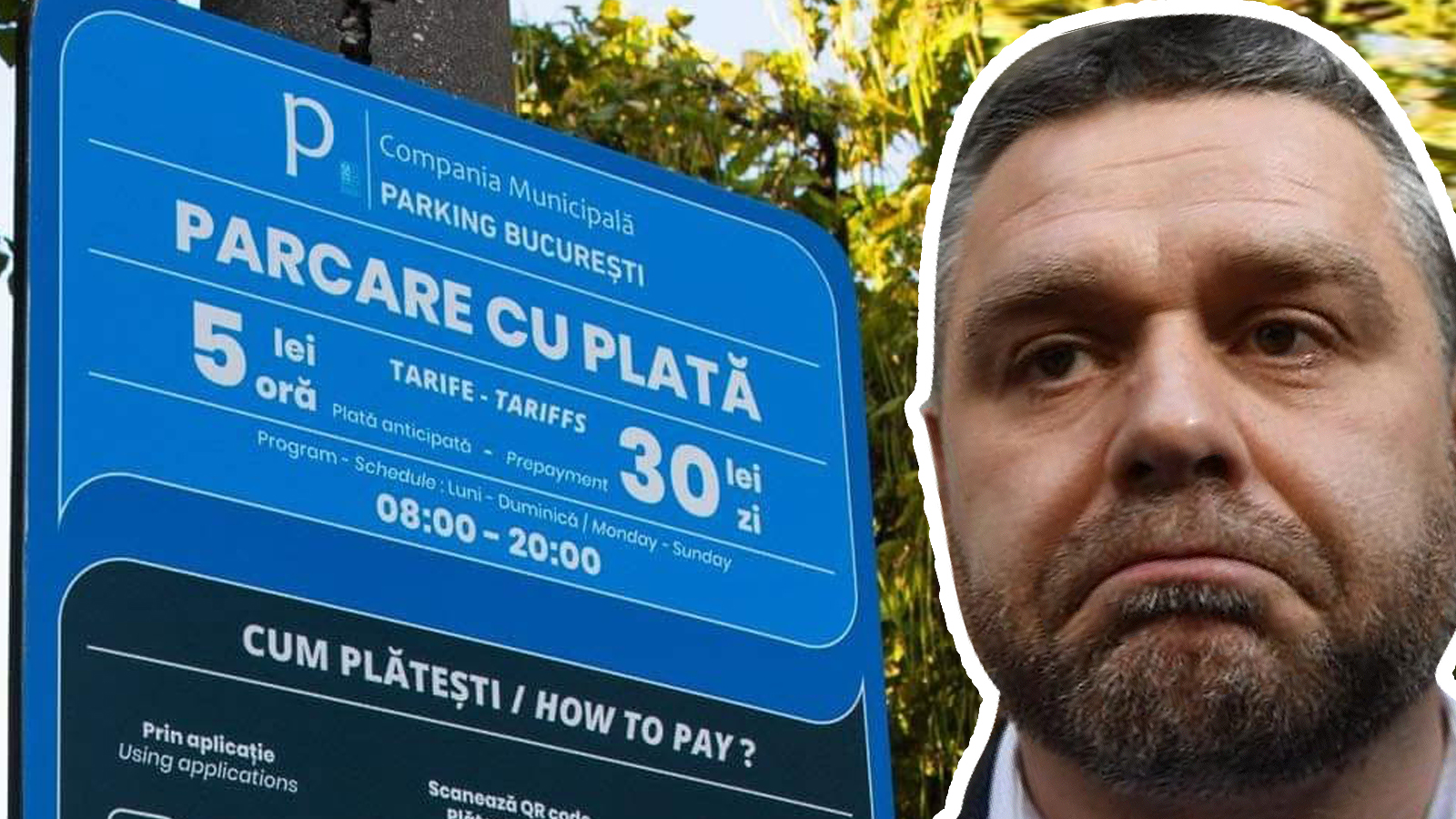 Ciprian Ciucu și un panou de parcare cu plată din București, în contextul controverselor privind parcările publice din zona Parcului Herăstrău