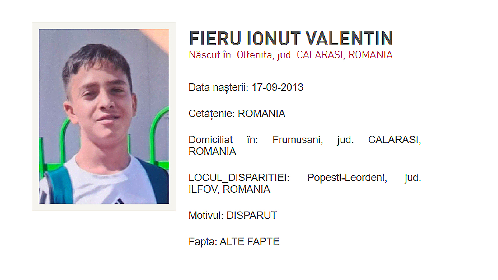 Anunț de dispariție pentru Fieru Ionuț Valentin, minor dispărut din Popești-Leordeni, județul Ilfov