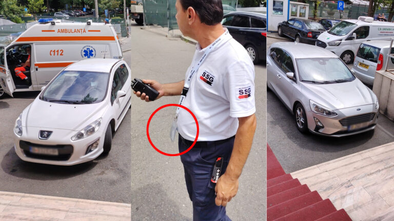 Acces auto aglomerat în curtea Spitalului Marie Curie, unde o ambulanță este înconjurată de autoturisme parcate și de un agent de pază.