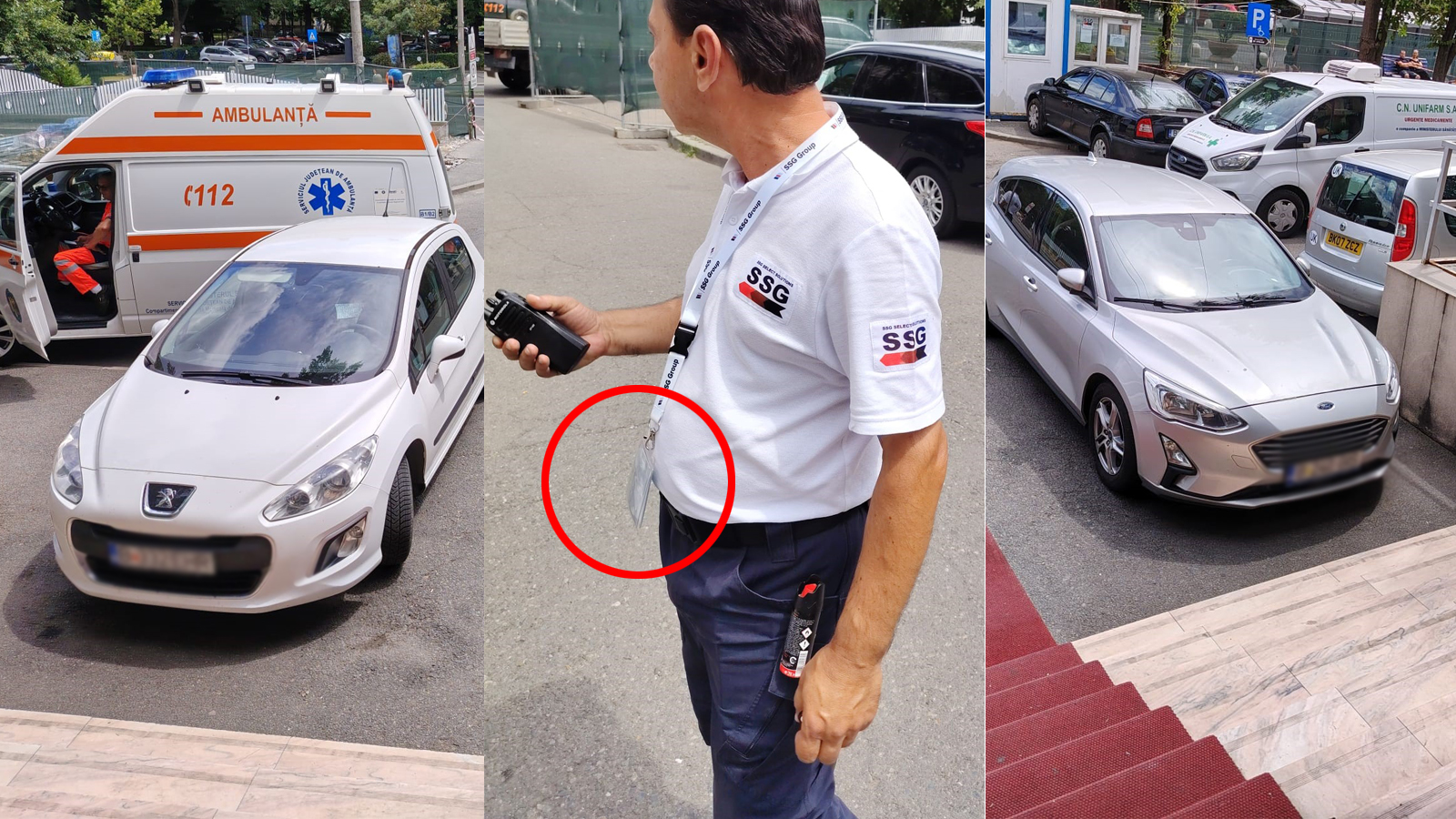 Acces auto aglomerat în curtea Spitalului Marie Curie, unde o ambulanță este înconjurată de autoturisme parcate și de un agent de pază.