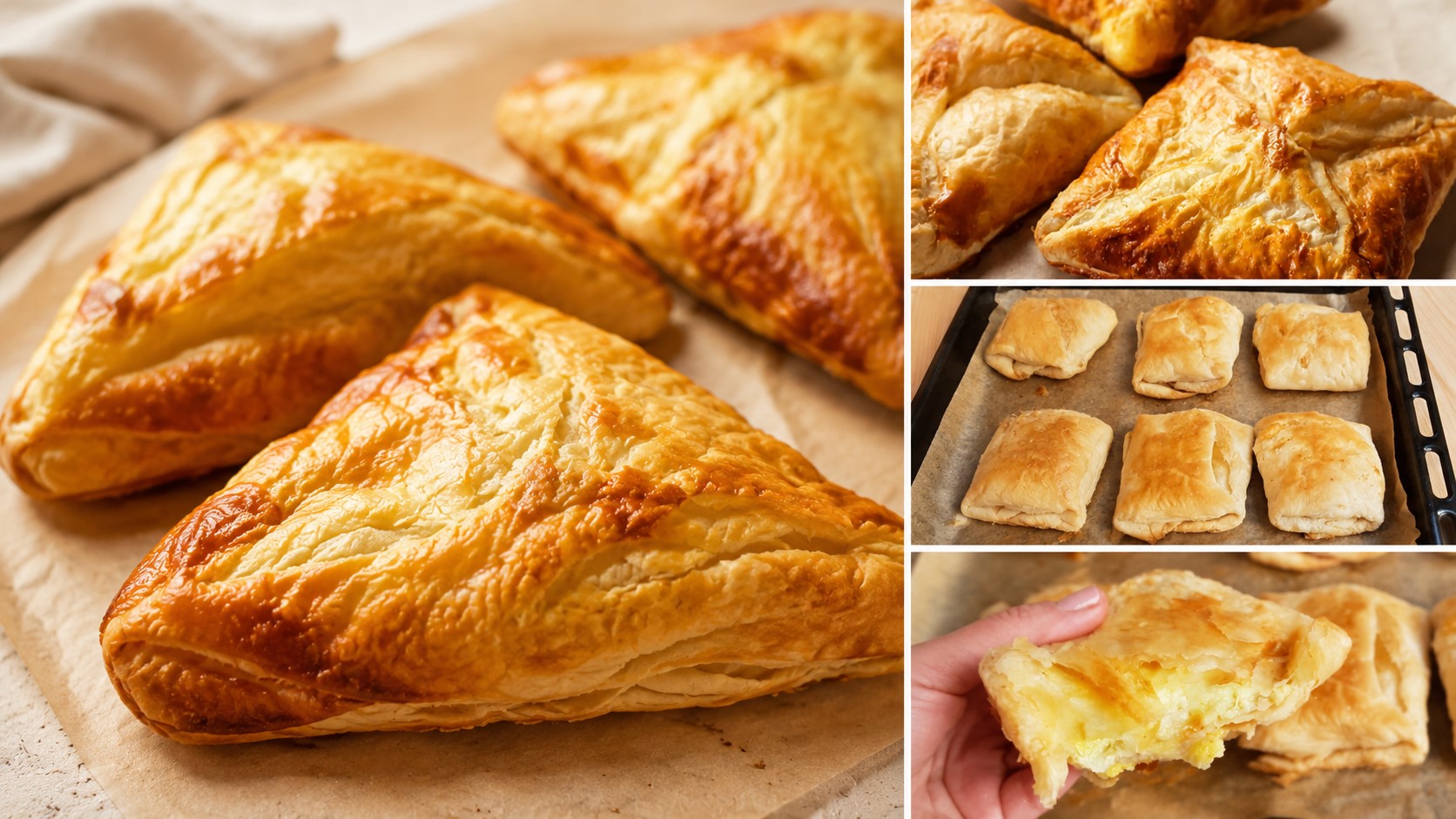 Merdenele proaspete cu brânză, rumenite și crocante – colaj foto cu produse de patiserie